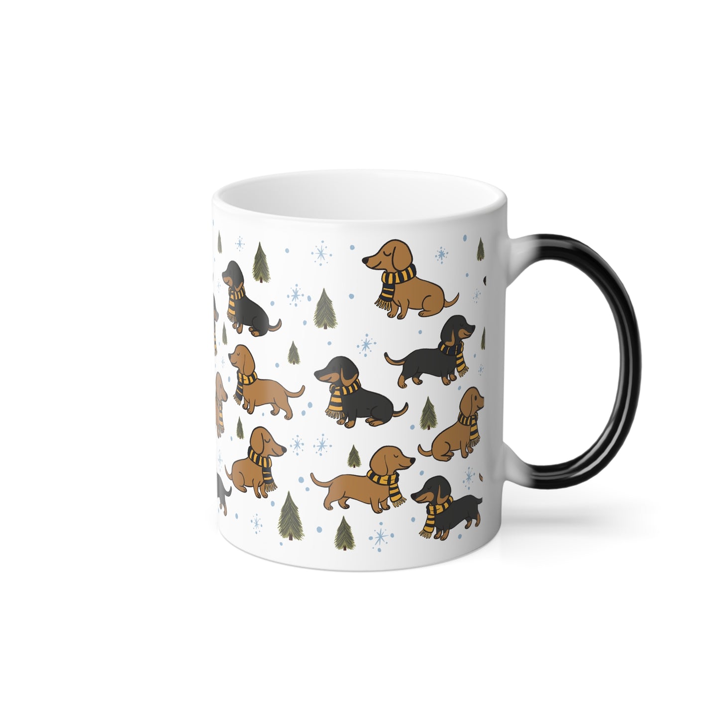 Morphing Magical Mug. Dachshund w/House colored scarf (yellow)