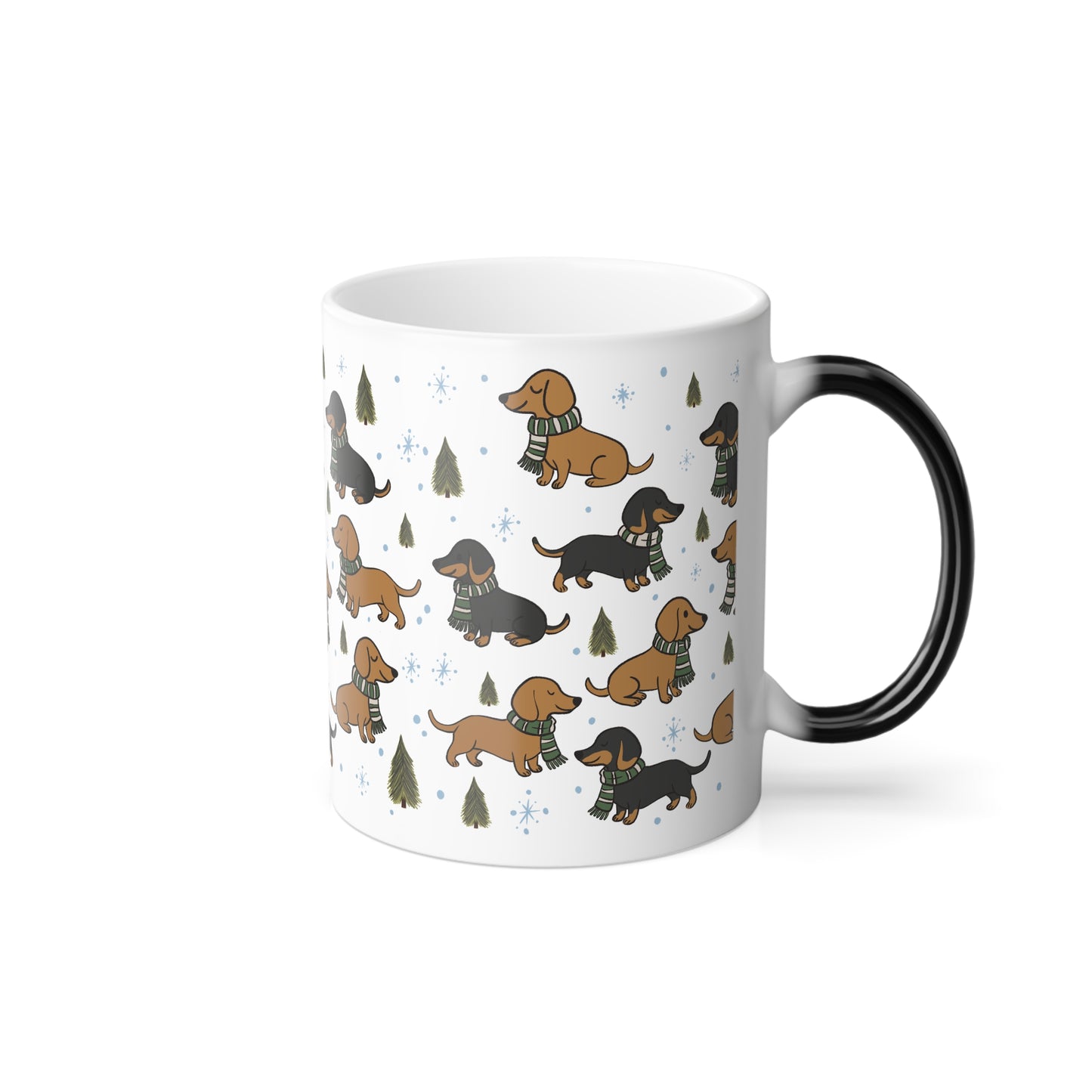 Morphing Magical Mug. Dachshund w/House colored scarf (green)