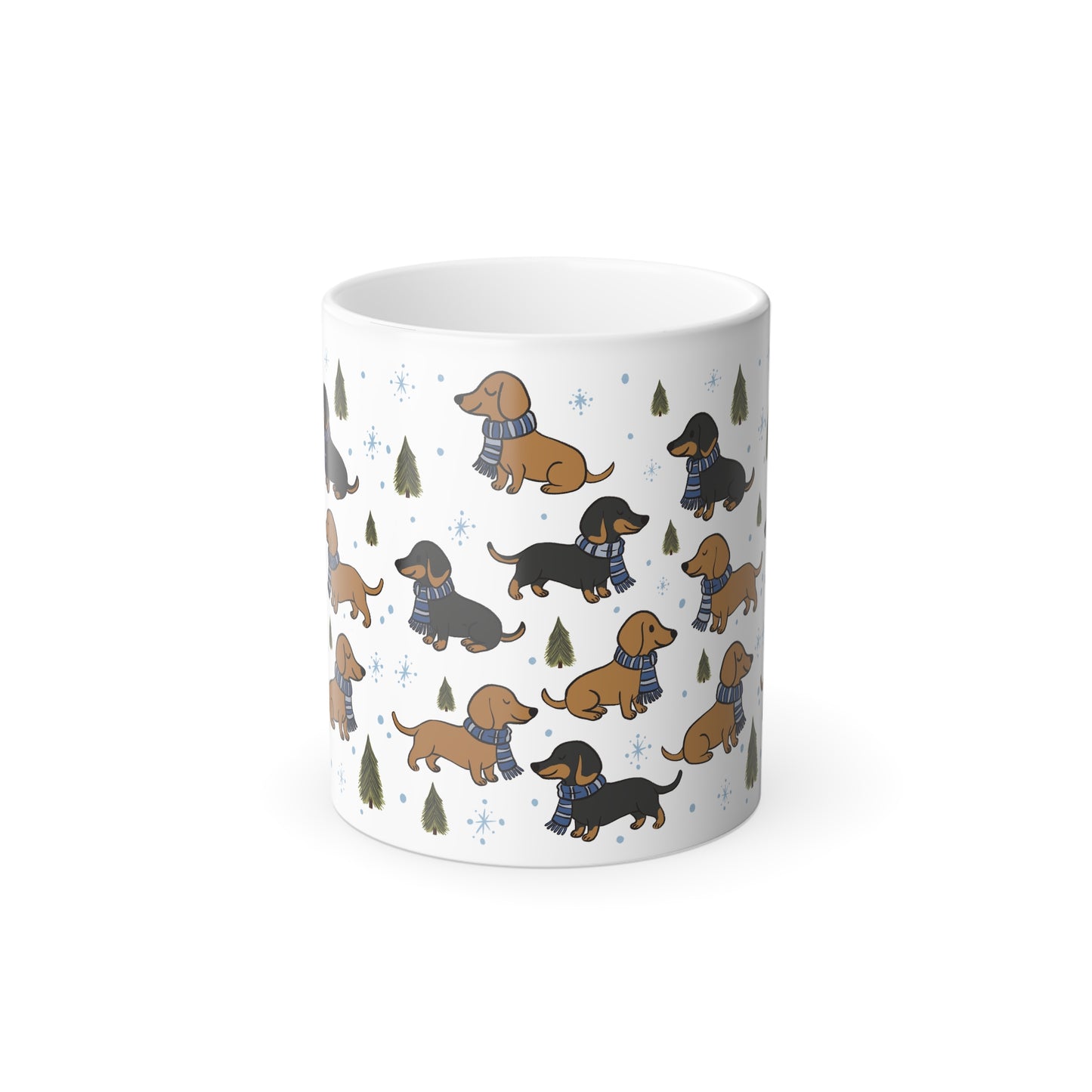 Morphing Magical Mug. Dachshund w/House colored scarf (blue)