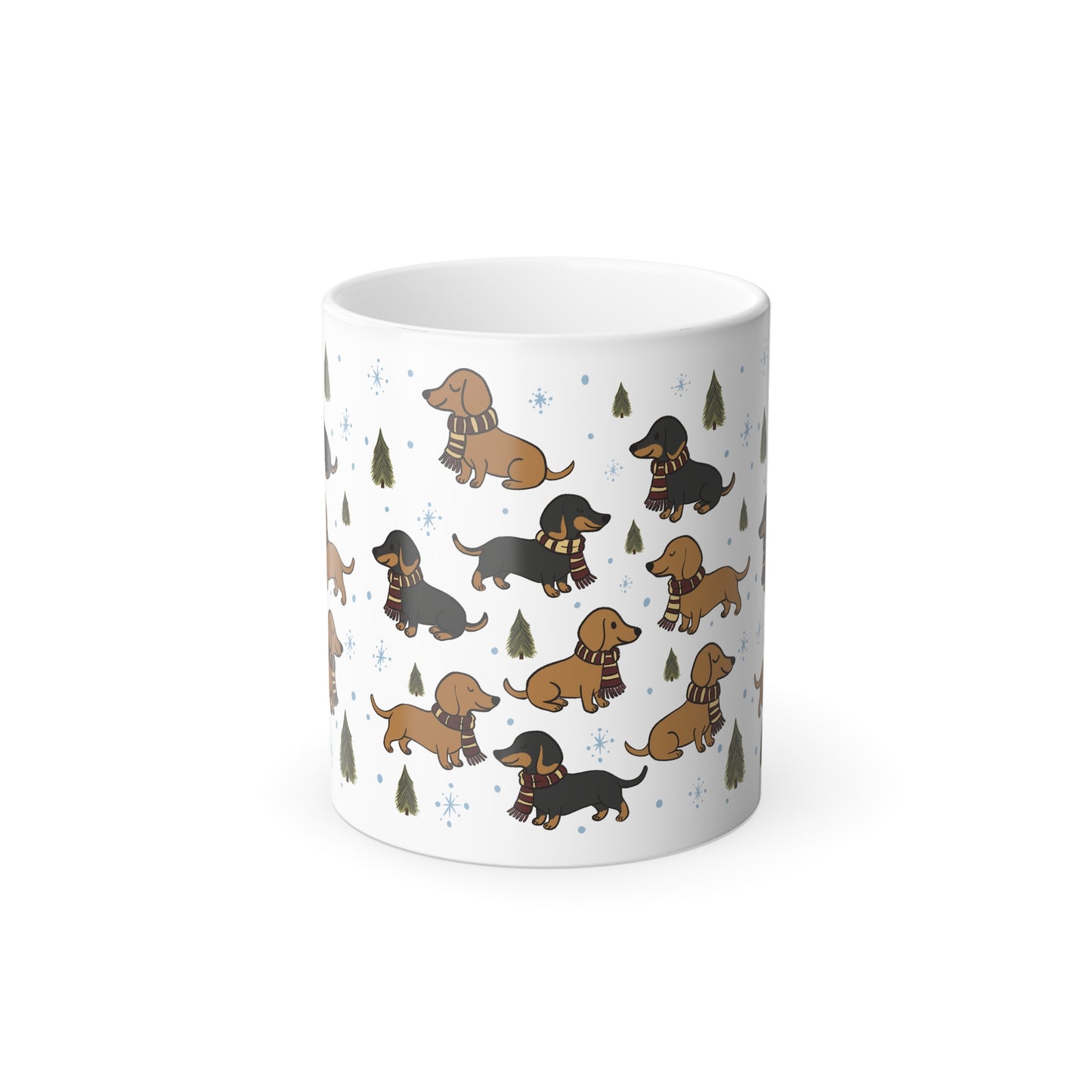 Morphing Magical Mug. Dachshund w/House colored scarf (Red)