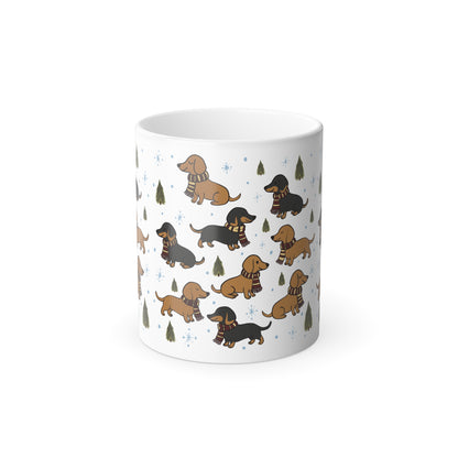 Morphing Magical Mug. Dachshund w/House colored scarf (Red)