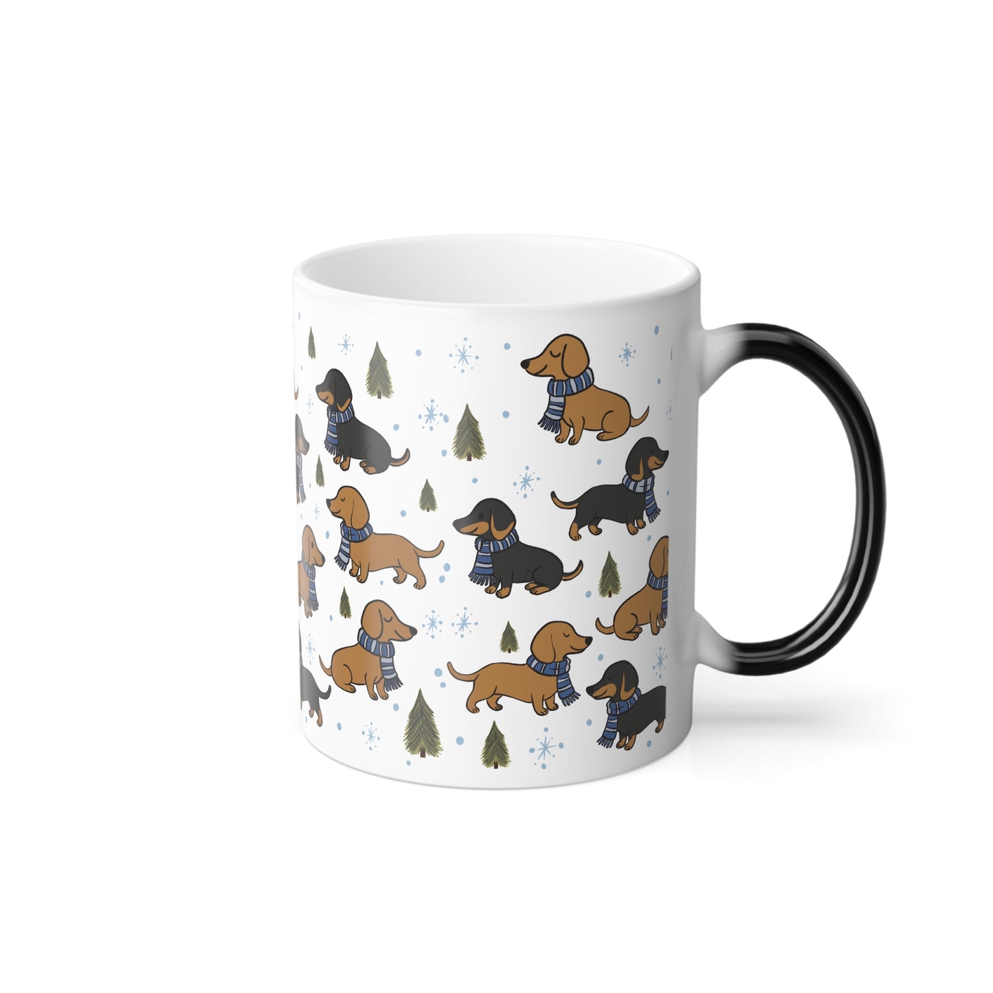 Morphing Magical Mug. Dachshund w/House colored scarf (blue)