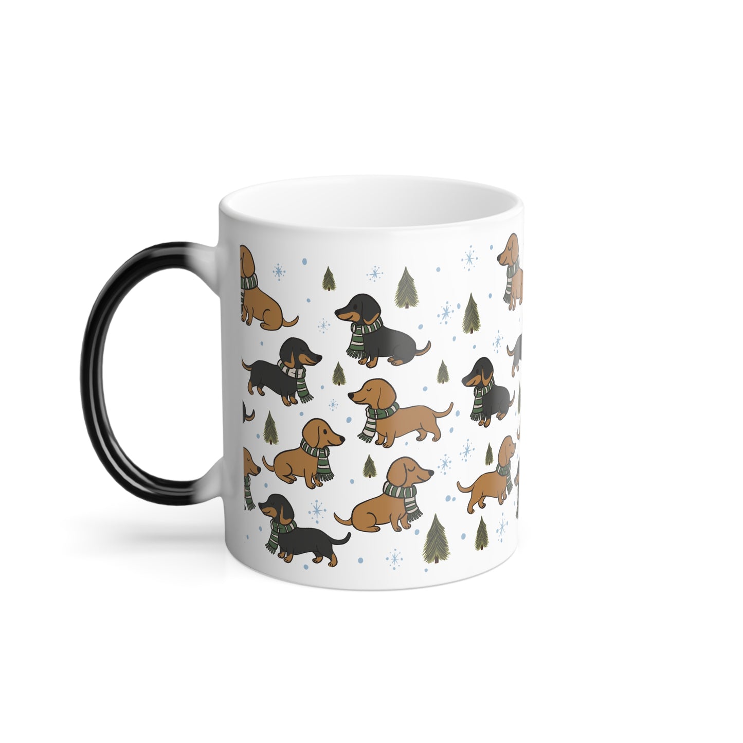 Morphing Magical Mug. Dachshund w/House colored scarf (green)