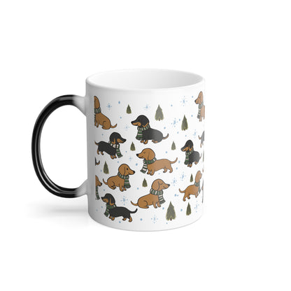 Morphing Magical Mug. Dachshund w/House colored scarf (green)