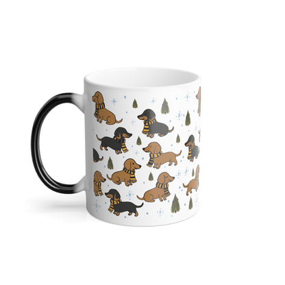 Morphing Magical Mug. Dachshund w/House colored scarf (yellow)