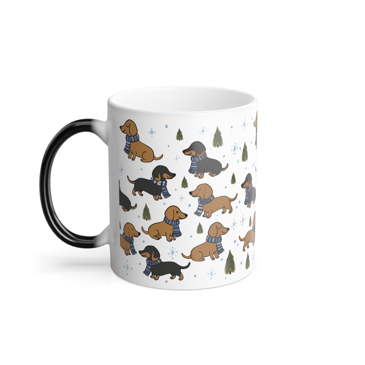 Morphing Magical Mug. Dachshund w/House colored scarf (blue)