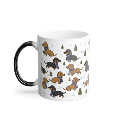Morphing Magical Mug. Dachshund w/House colored scarf (blue)