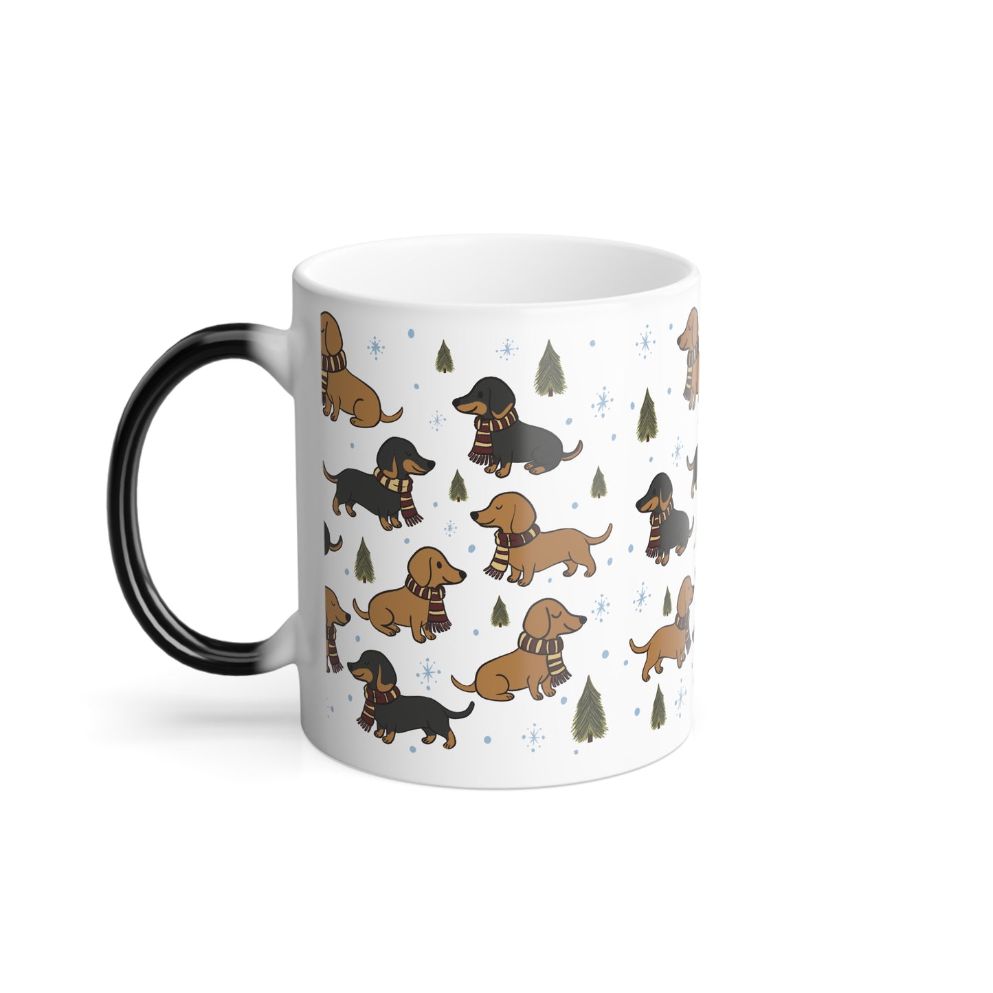 Morphing Magical Mug. Dachshund w/House colored scarf (Red)