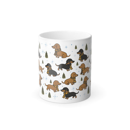 Morphing Magical Mug. Dachshund w/House colored scarf (yellow)