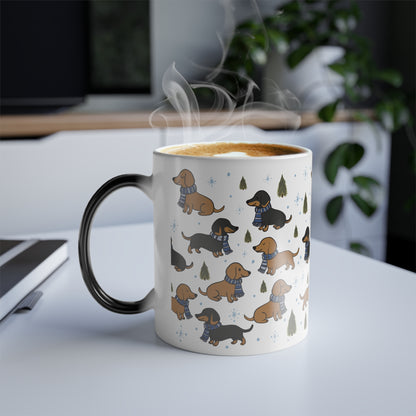 Morphing Magical Mug. Dachshund w/House colored scarf (blue)