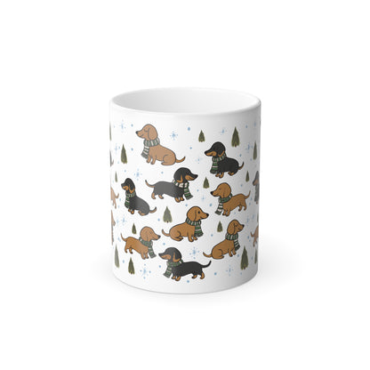Morphing Magical Mug. Dachshund w/House colored scarf (green)